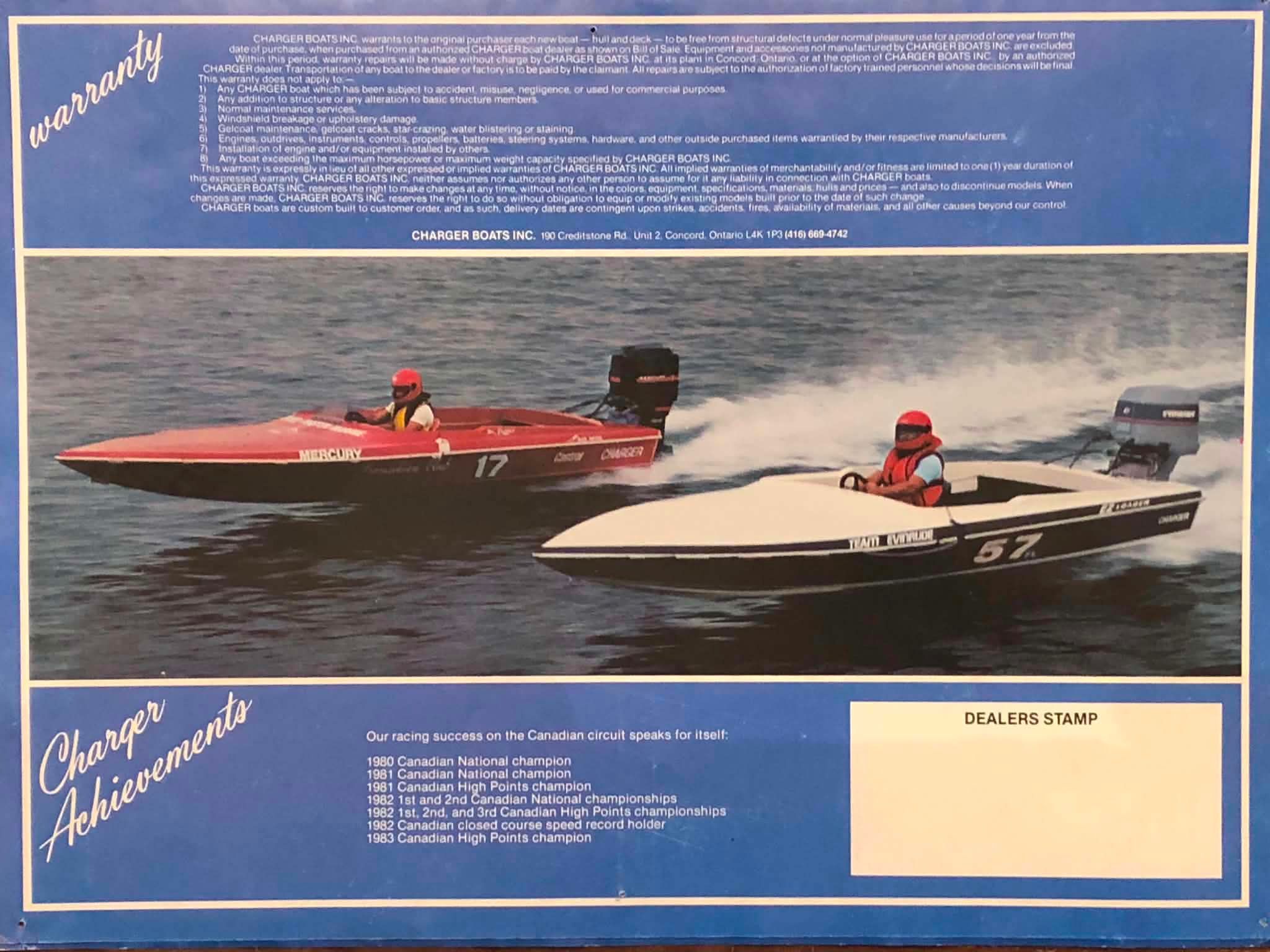 Original brochure showing Charger racing achievements including 1980-1983 Canadian National championships
